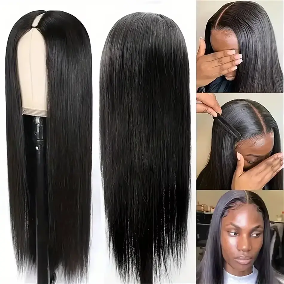 V Part Straight Human Hair Wigs For Women 12-32 Inches Peruvian Remy Hair Full Machine Made Wig V Part Human Hair Natural Color