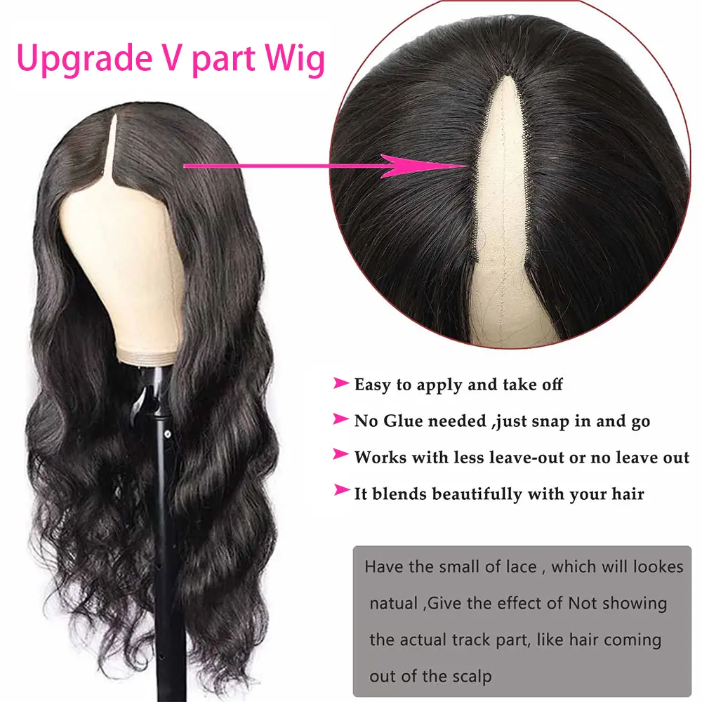 Body Wave V Part Wig Human Hair Pre Plucked Ready To Wear Machine Made 180% Density Natural Color Remy Human Hair Wigs For Women