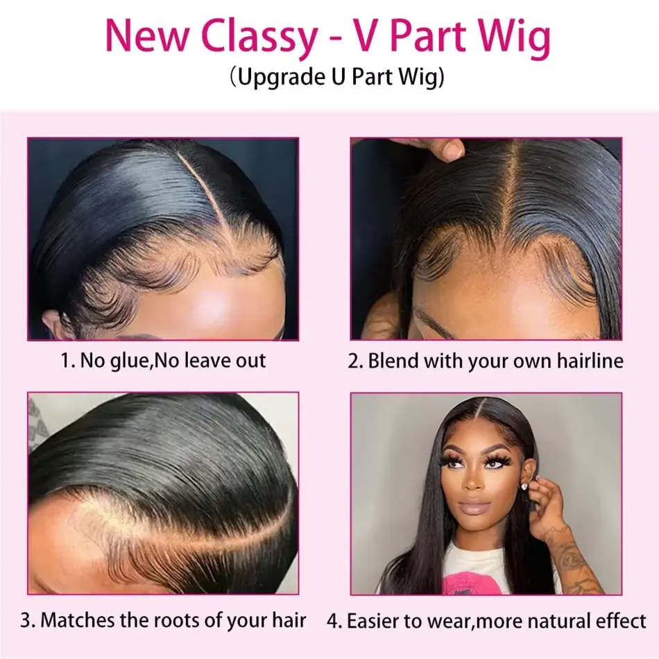 V Part Straight Human Hair Wigs For Women 12-32 Inches Peruvian Remy Hair Full Machine Made Wig V Part Human Hair Natural Color