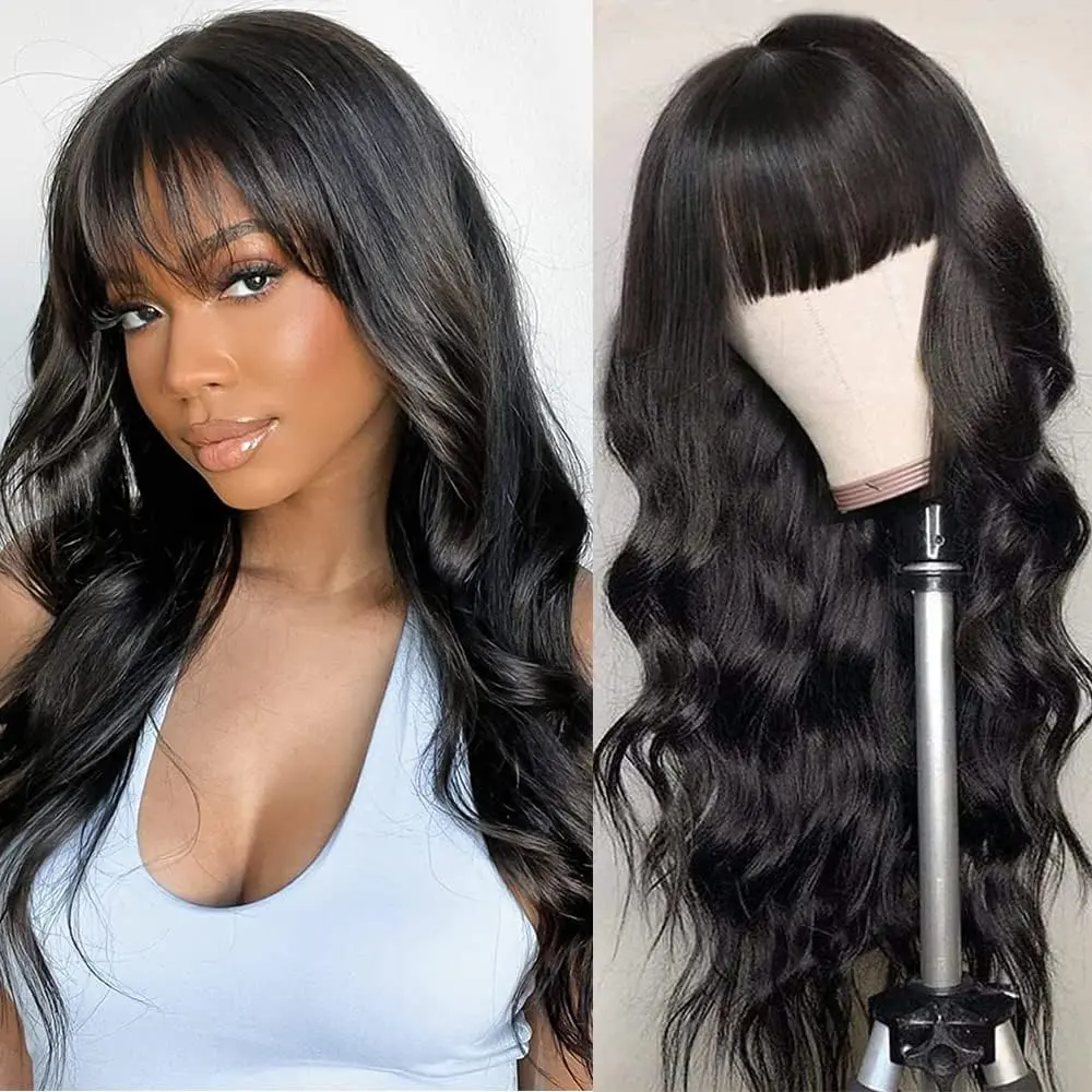Body Wave Wigs with Bangs Wear and Go Glueless Wig Bangs Wig Human Hair Full Machine Made Wigs 180% Density Natural Color
