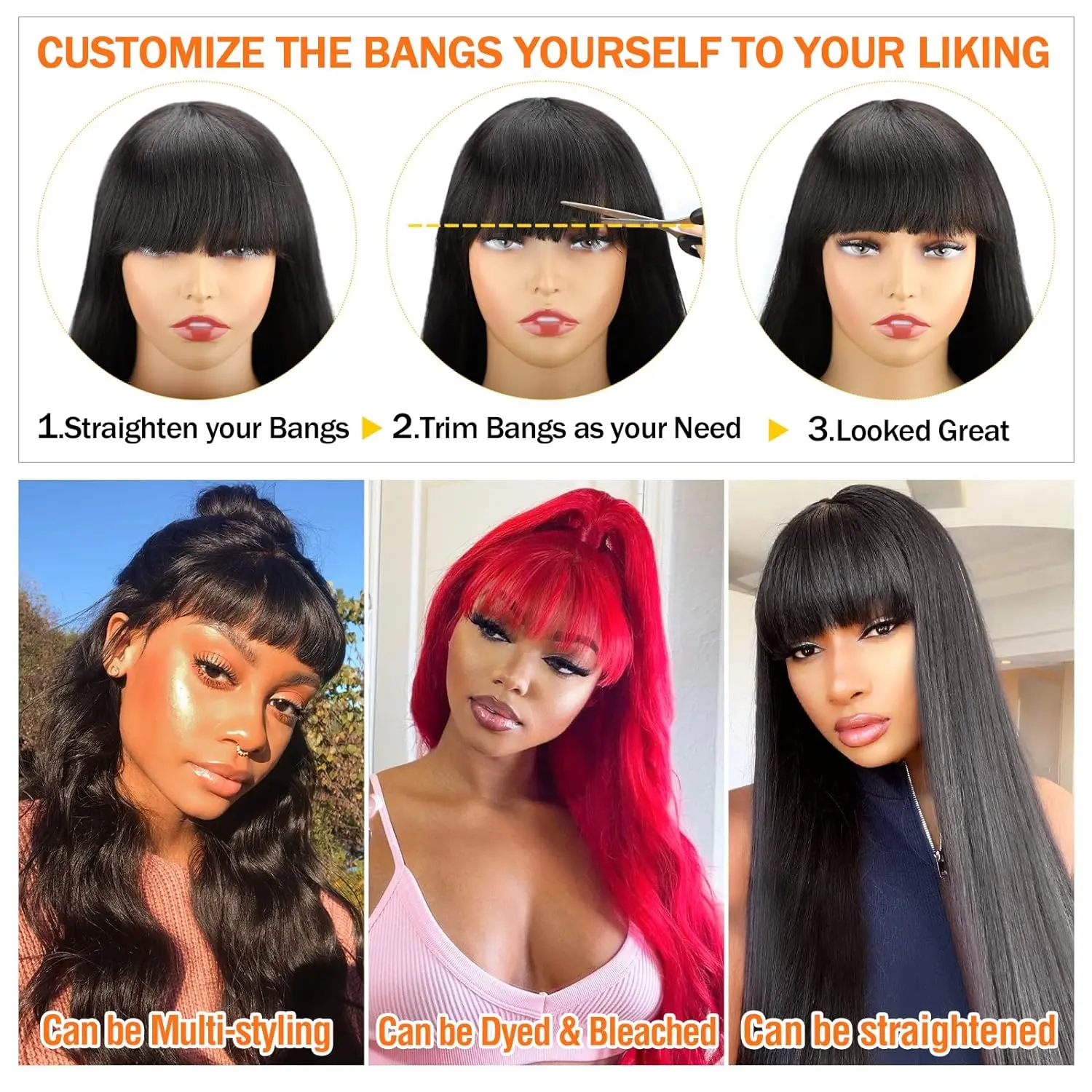 Body Wave Wigs with Bangs Wear and Go Glueless Wig Bangs Wig Human Hair Full Machine Made Wigs 180% Density Natural Color