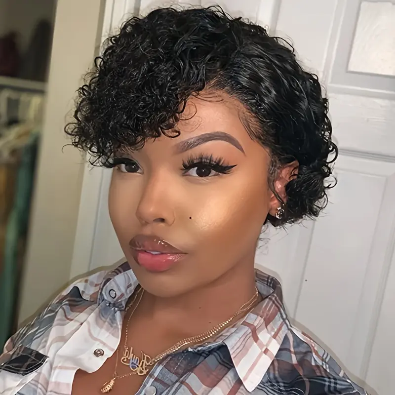 Deep Wave Curly Wave Pixie Cut Wig for Women 13x1 T Part Lace Front Human Hair Wig for Women Pre-Plucked Jerry Curl Human Hair