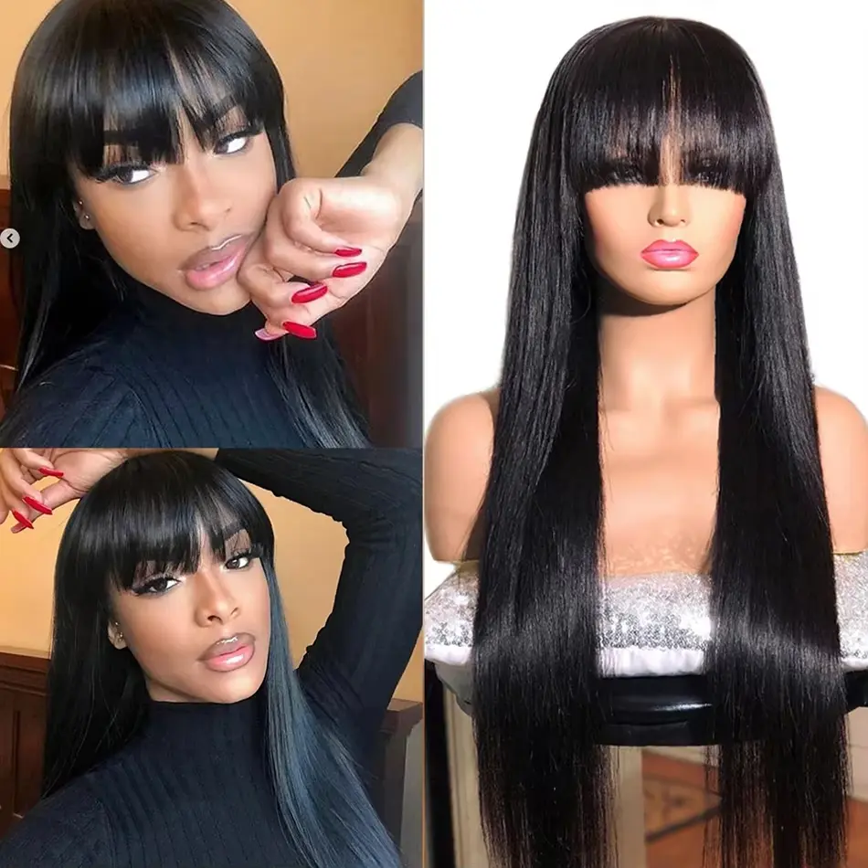 Straight Wig With Bangs 100% Human Hair Wig Without Glue Brazil Full Machine Made Fringe Remy Hair 34 Inch Human Hair Bang