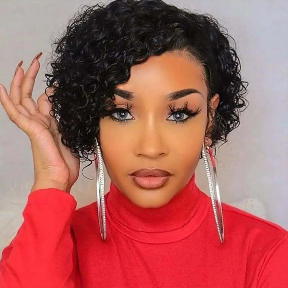 Deep Wave Curly Wave Pixie Cut Wig for Women 13x1 T Part Lace Front Human Hair Wig for Women Pre-Plucked Jerry Curl Human Hair