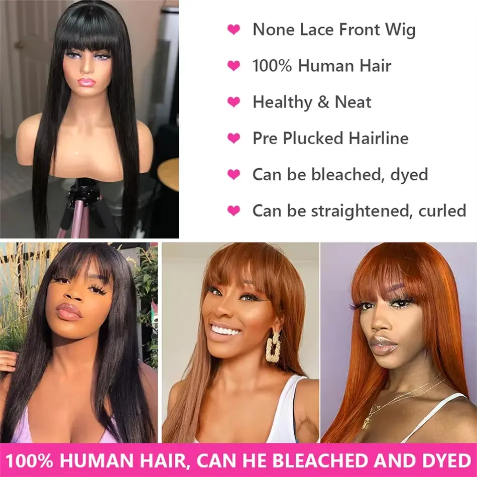 Straight Wig With Bangs 100% Human Hair Wig Without Glue Brazil Full Machine Made Fringe Remy Hair 34 Inch Human Hair Bang