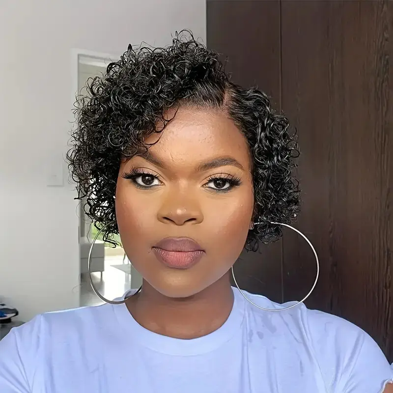 Deep Wave Curly Wave Pixie Cut Wig for Women 13x1 T Part Lace Front Human Hair Wig for Women Pre-Plucked Jerry Curl Human Hair