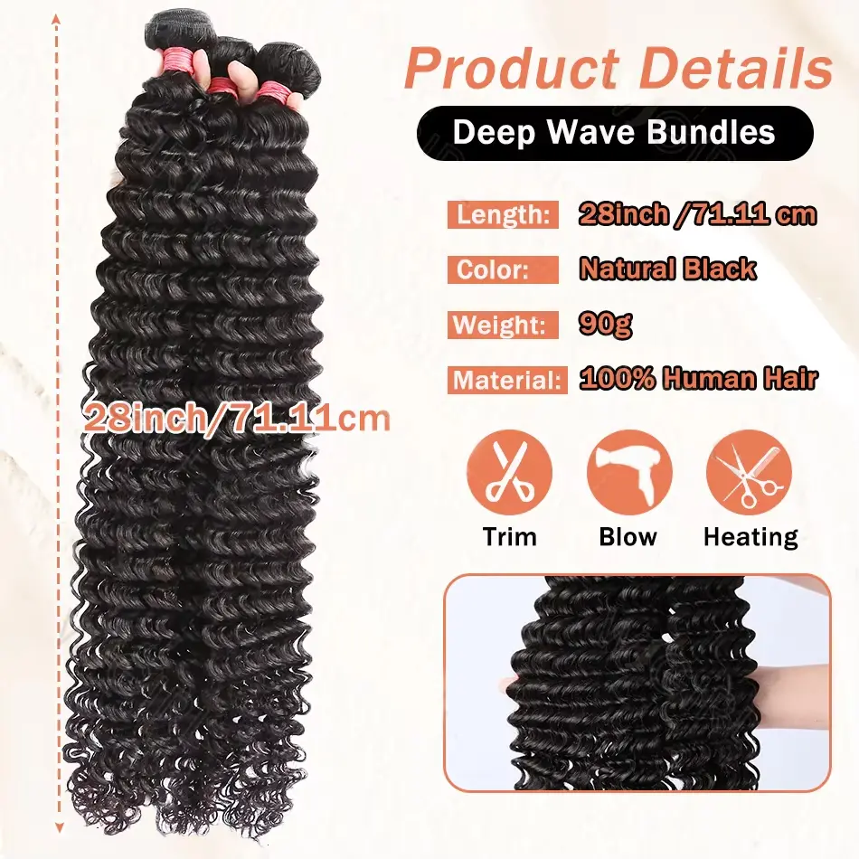 30 32 36 40 Inch Deep Wave Human Hair Bundles Brazilian Remy Unprocessed Weaving Water Curly Hair Bundles Weave Extensions Deals