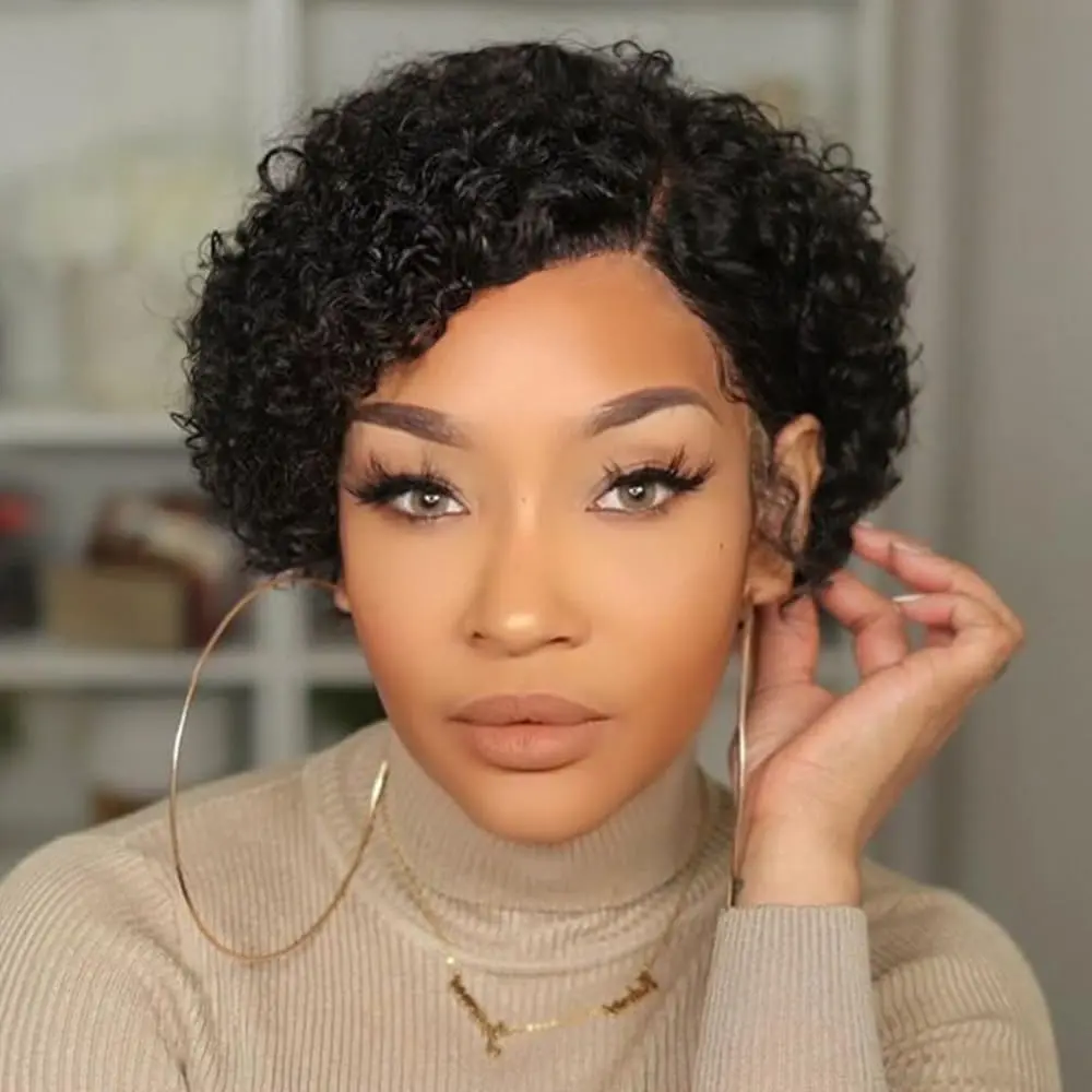 Deep Wave Curly Wave Pixie Cut Wig for Women 13x1 T Part Lace Front Human Hair Wig for Women Pre-Plucked Jerry Curl Human Hair