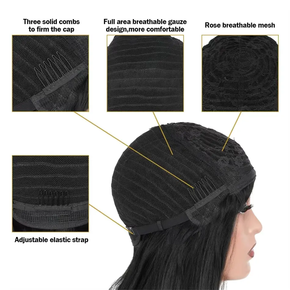 Straight Wig With Bangs 100% Human Hair Wig Without Glue Brazil Full Machine Made Fringe Remy Hair 34 Inch Human Hair Bang