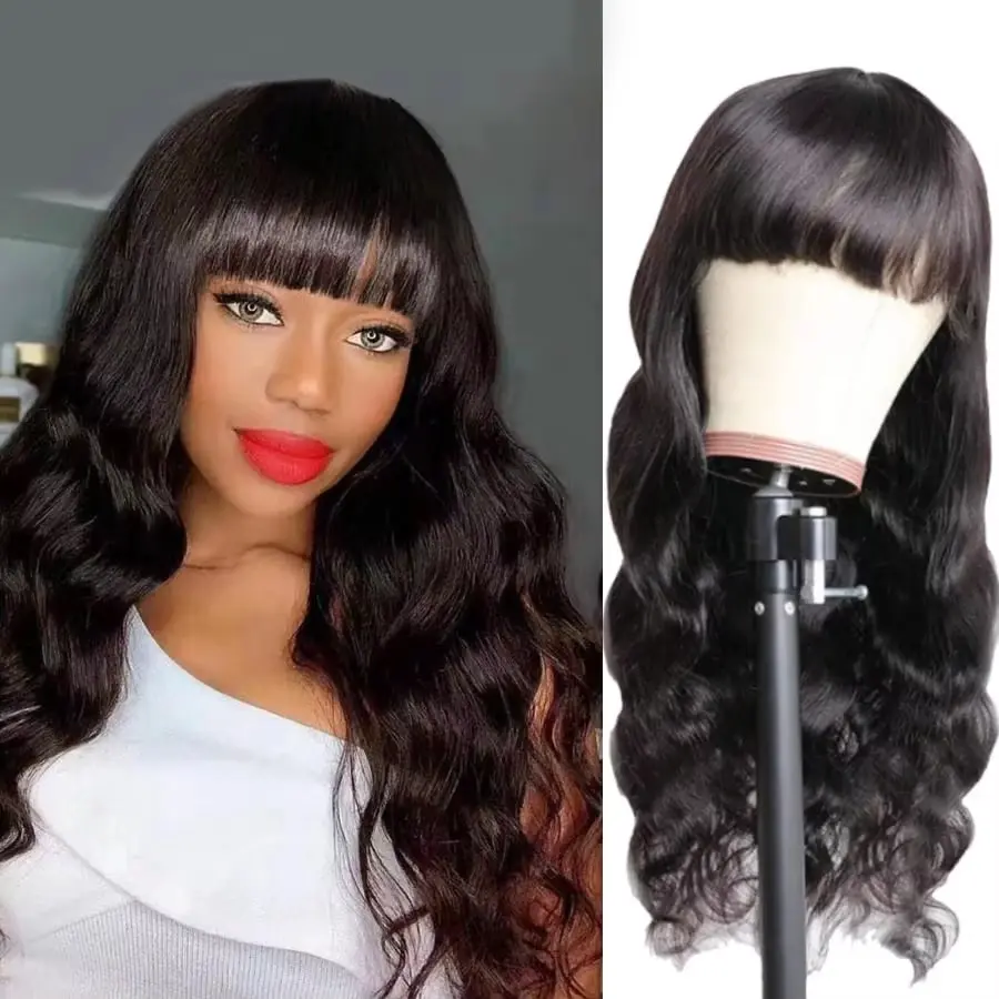 Body Wave Wigs With Bangs 3x1 Middle Part Lace Wig Machine Made Scalp Top Wigs For Women 180% Density Body Wave Glueless Wigs