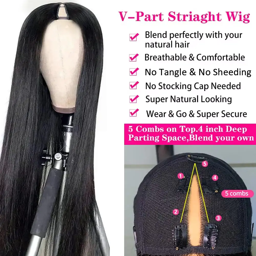 Long Straight V Part Human Hair Wigs 200% Density Straight Wig For Women V part Human Hair Head Clip In Halr Wigs 16-32Inches