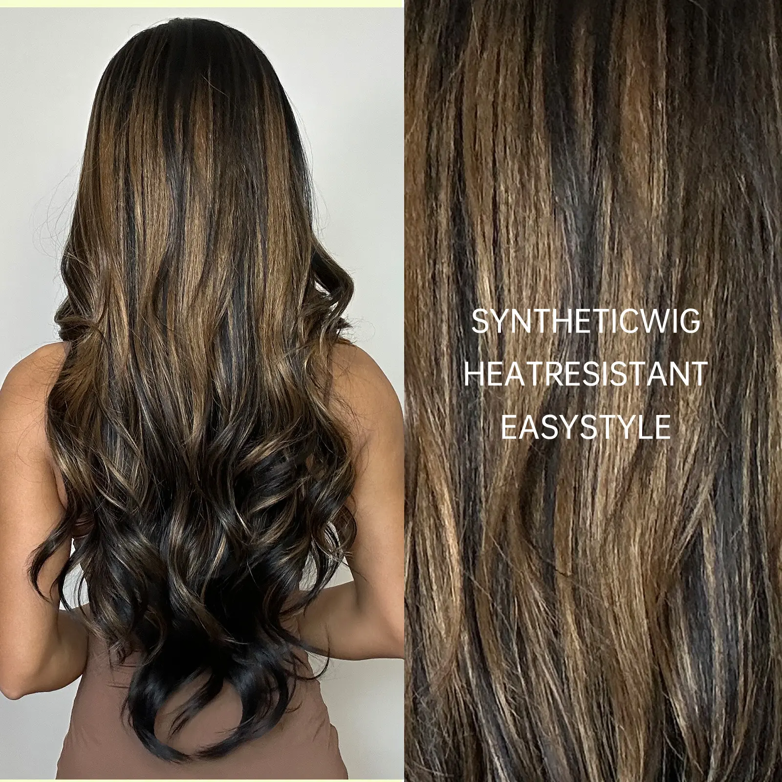 Long Wavy Wig Black Brown Highlight Wig Middle Part Daily Synthetic Hair Wigs Women Natural Wave Wig for Party Holiday Use Fiber
