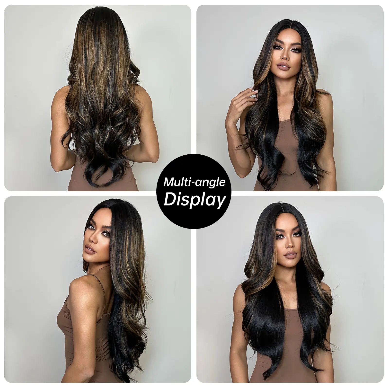 Long Wavy Wig Black Brown Highlight Wig Middle Part Daily Synthetic Hair Wigs Women Natural Wave Wig for Party Holiday Use Fiber