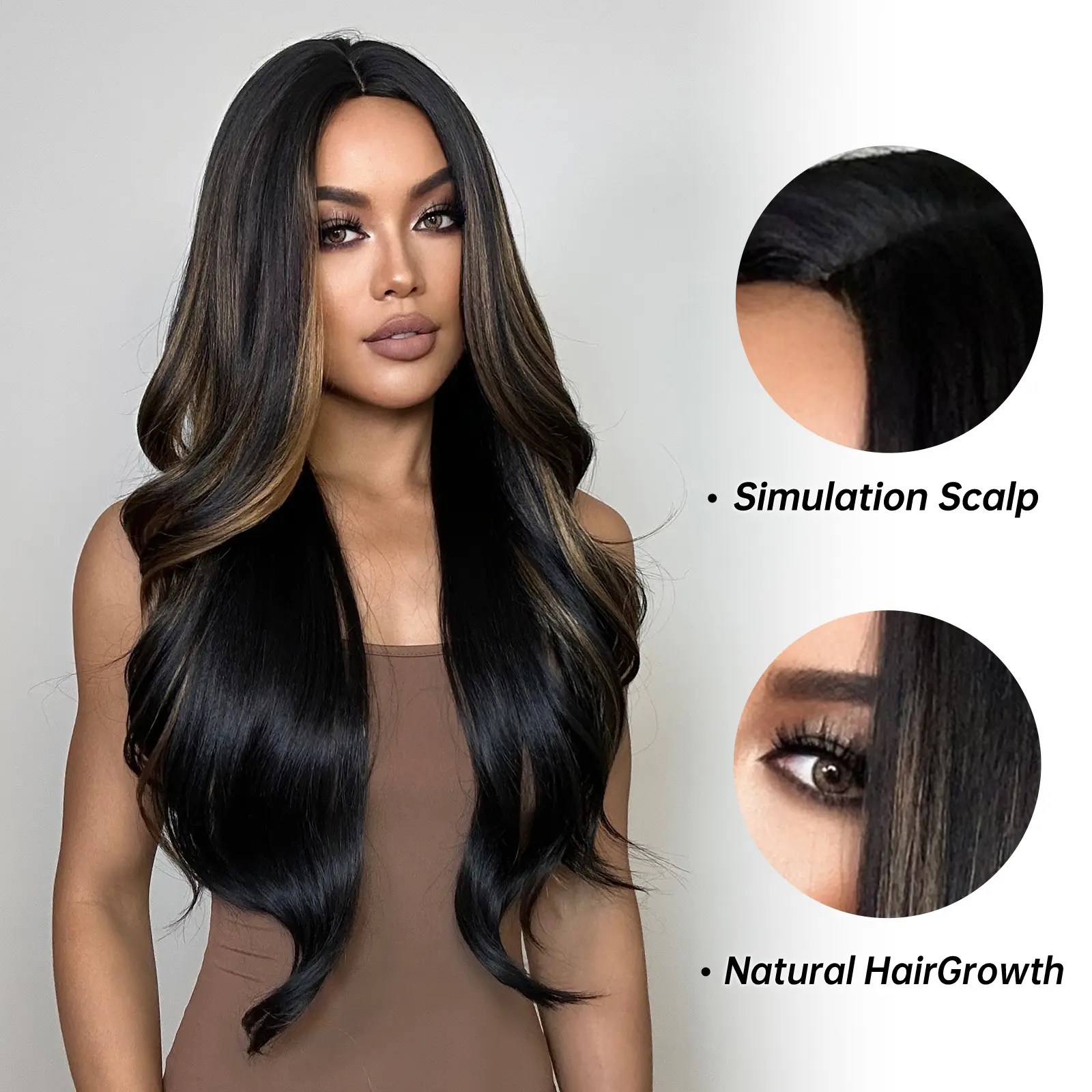 Long Wavy Wig Black Brown Highlight Wig Middle Part Daily Synthetic Hair Wigs Women Natural Wave Wig for Party Holiday Use Fiber