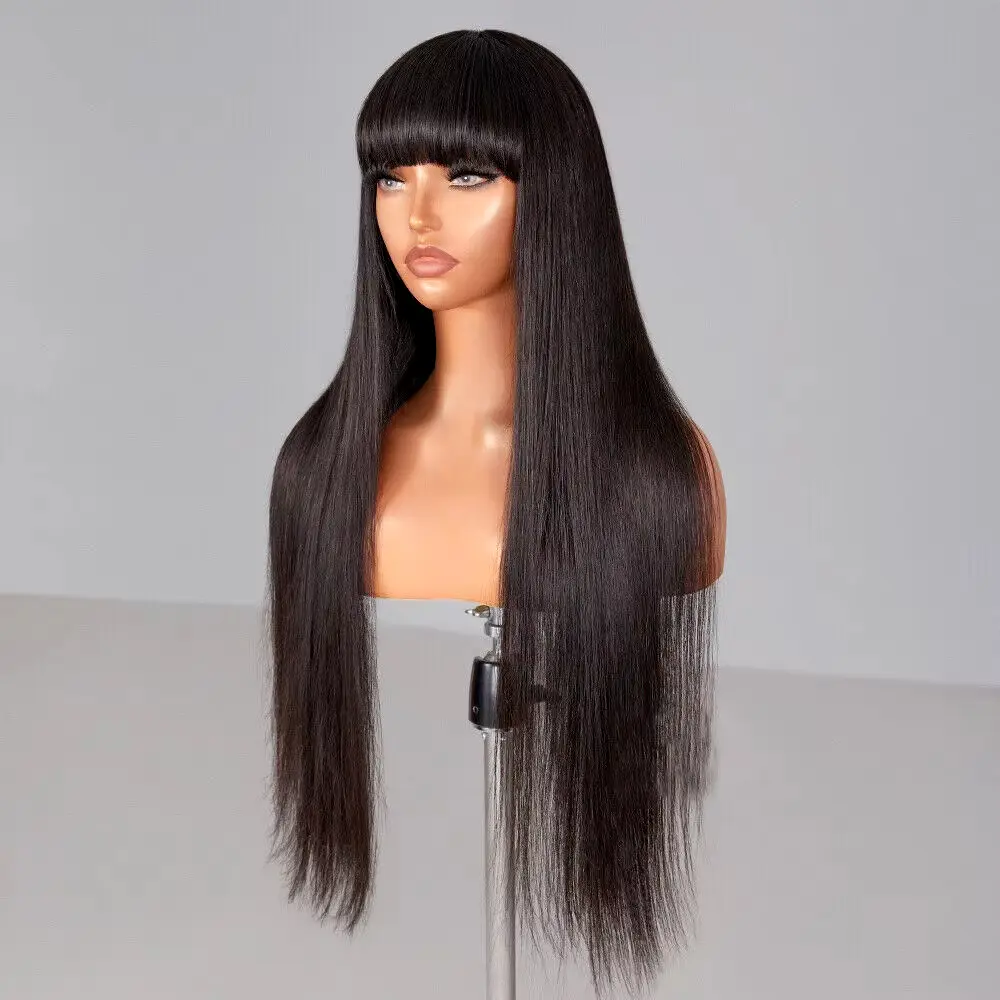 Straight Wig With Bangs 100% Human Hair Wig Without Glue Brazil Full Machine Made Fringe Remy Hair 30 Inch Human Hair Bang