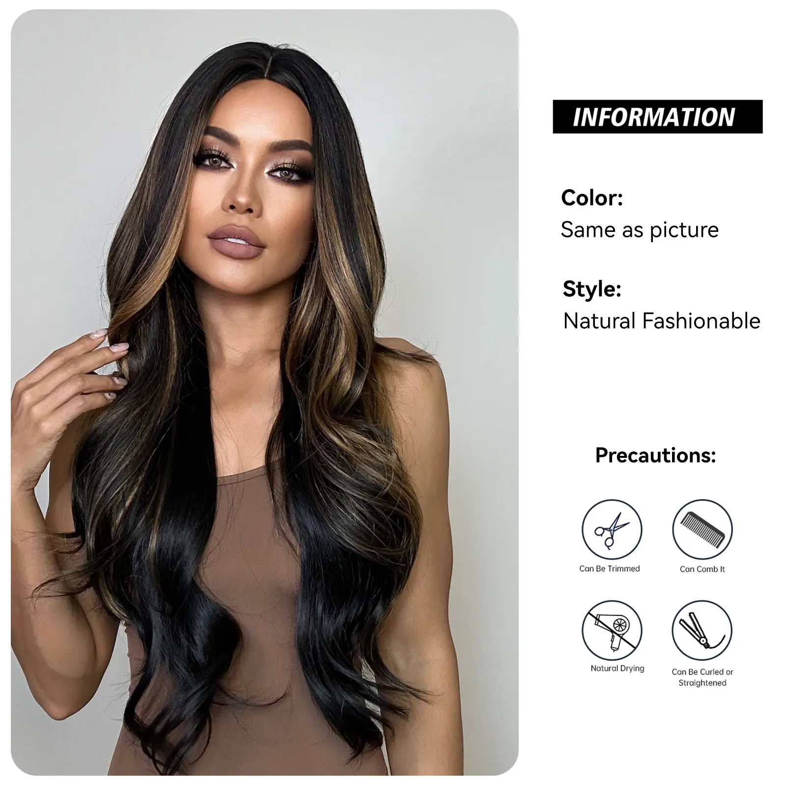 Long Wavy Wig Black Brown Highlight Wig Middle Part Daily Synthetic Hair Wigs Women Natural Wave Wig for Party Holiday Use Fiber