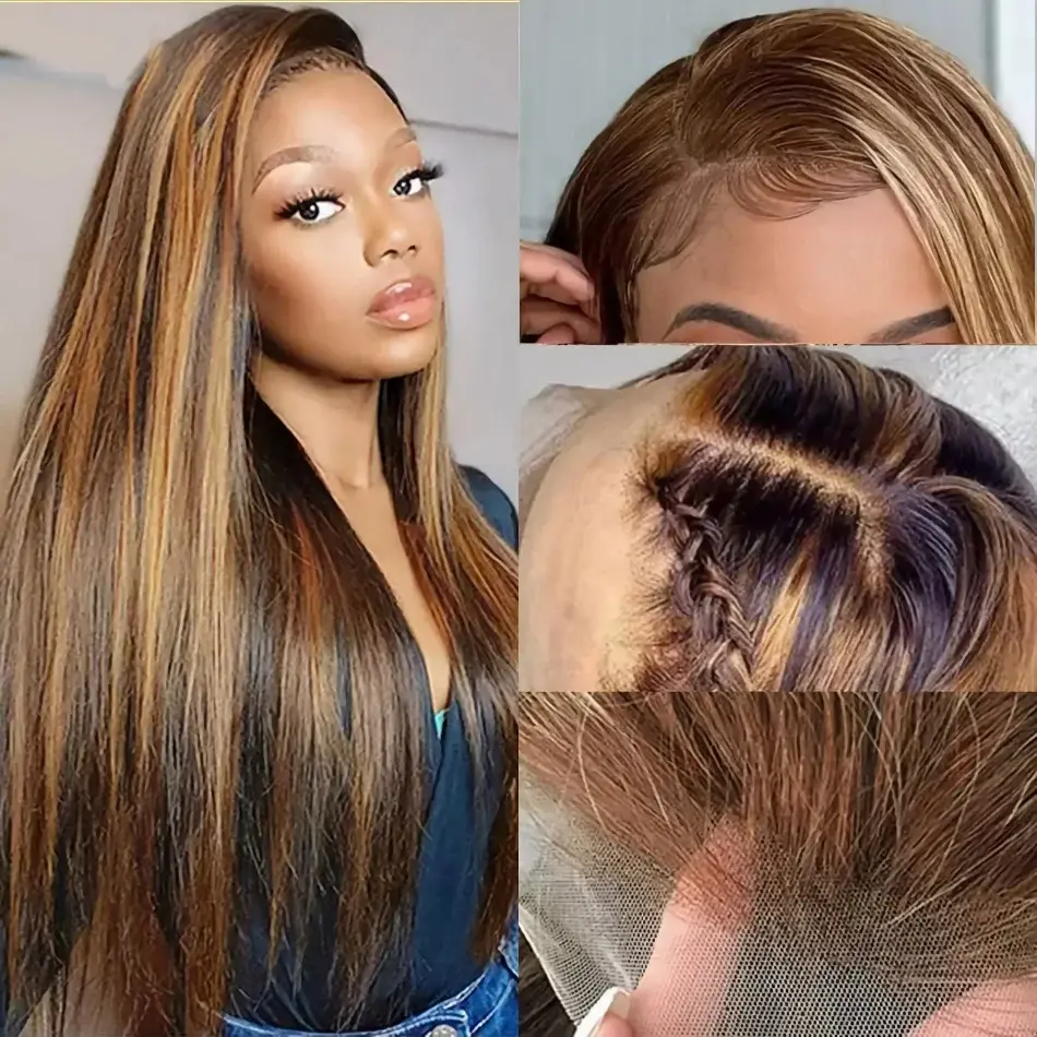 P427 Ombre Brown Blonde Lace Front Human Hair Wigs 13x6 Transparent Lace Frontal Wig Highlight Straight Human Hair Wig For Women