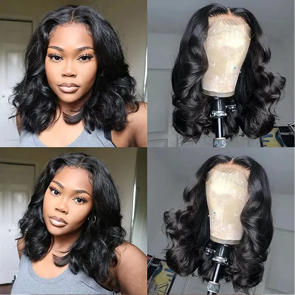Body Wave Short Bob Transparent Lace Frontal Wigs for Women PrePlucked Natural Color Remy 4x6 Glueless Bob Wigs On Sale