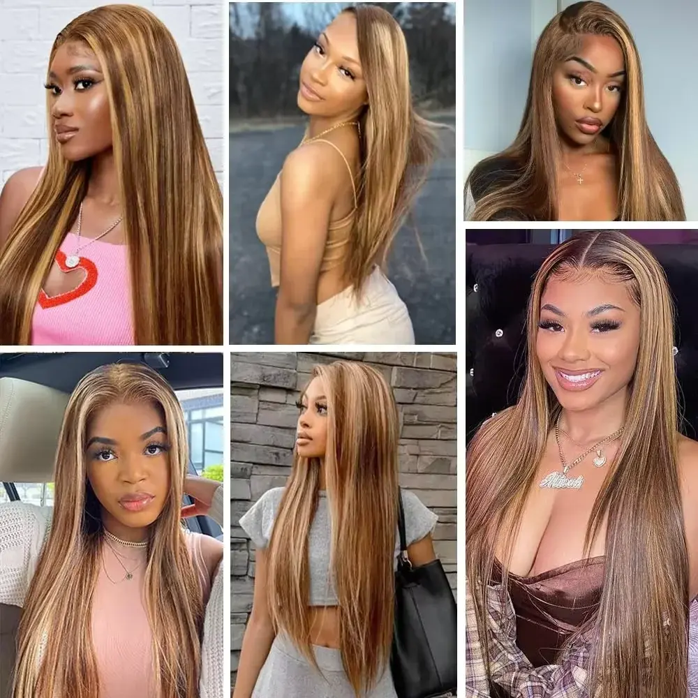 P427 Ombre Brown Blonde Lace Front Human Hair Wigs 13x6 Transparent Lace Frontal Wig Highlight Straight Human Hair Wig For Women