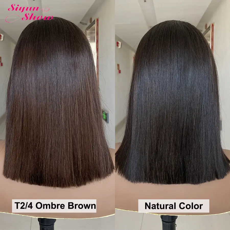 Raw Vietnamese Bone Straight Wigs Double Drawn Short Bob Human Hair Wig Pre Plucked HD Transparent Lace Frontal Wig Ombre Brown