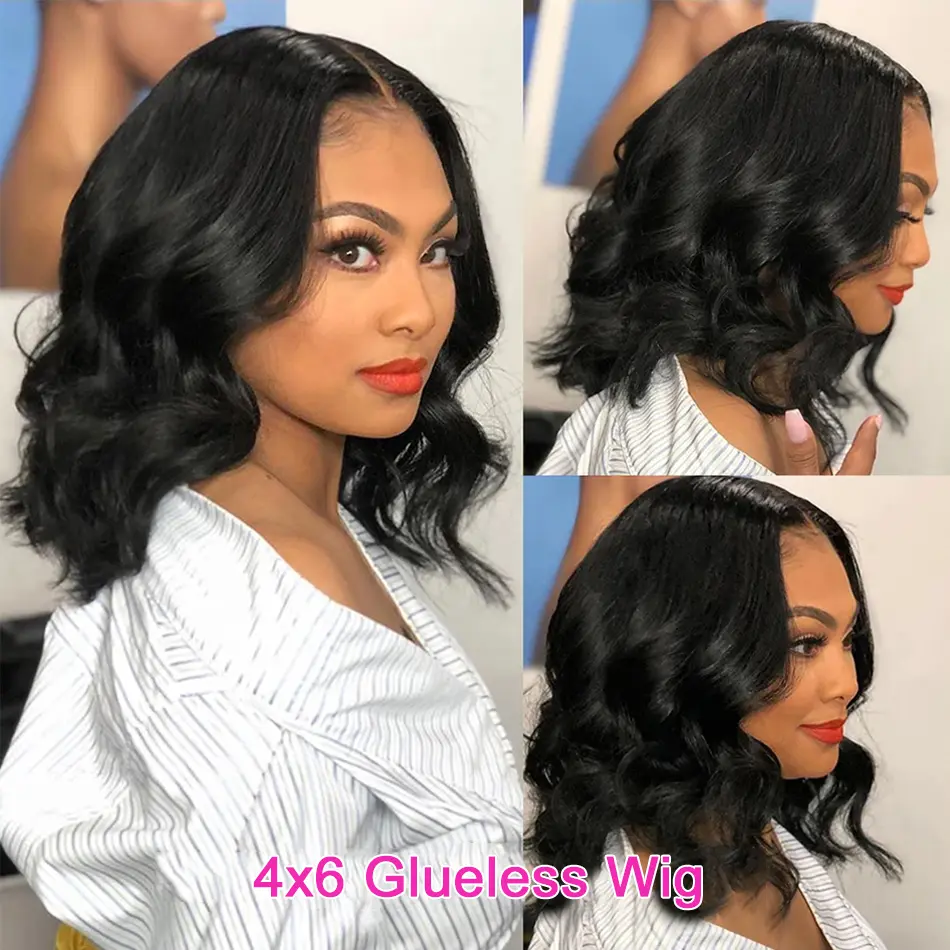 Body Wave Short Bob Transparent Lace Frontal Wigs for Women PrePlucked Natural Color Remy 4x6 Glueless Bob Wigs On Sale