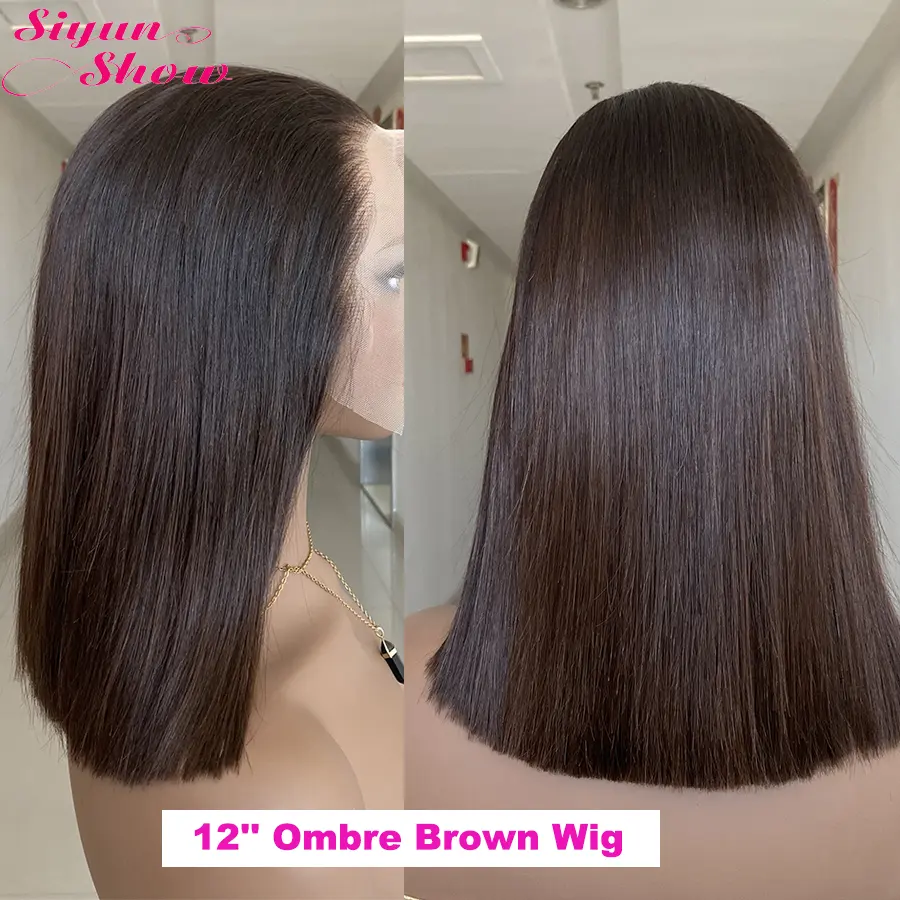 Raw Vietnamese Bone Straight Wigs Double Drawn Short Bob Human Hair Wig Pre Plucked HD Transparent Lace Frontal Wig Ombre Brown