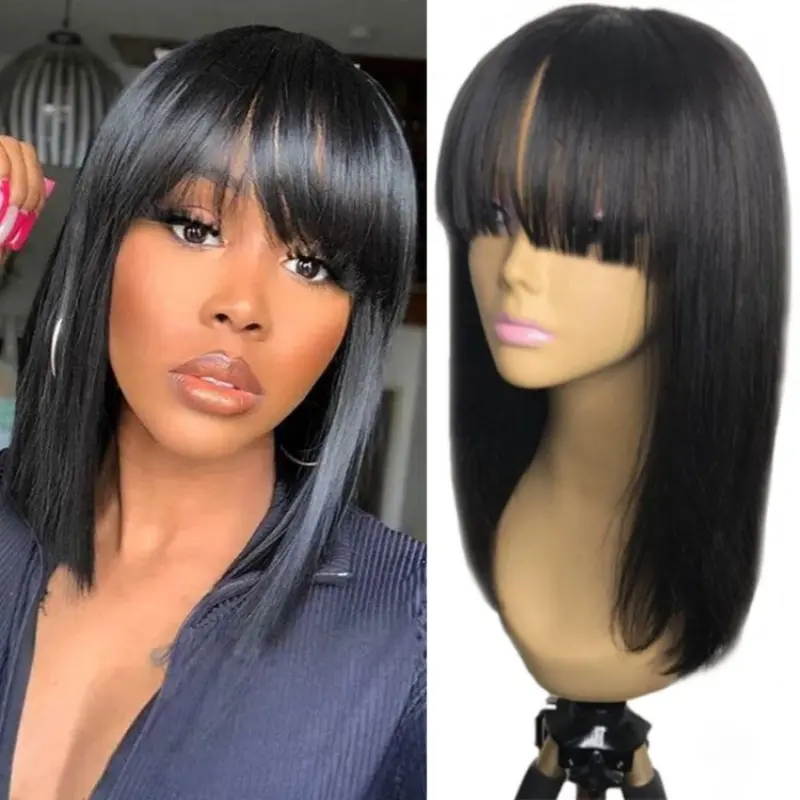 Alimice Straight Virgin Human Hair Low Price Full Machine Made BOB Wigs with Bangs for Black Women Straight Bangs Wigs