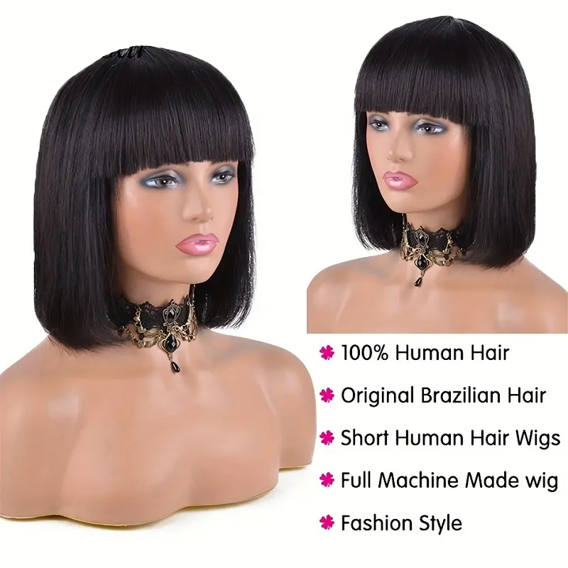 Alimice Straight Virgin Human Hair Low Price Full Machine Made BOB Wigs with Bangs for Black Women Straight Bangs Wigs