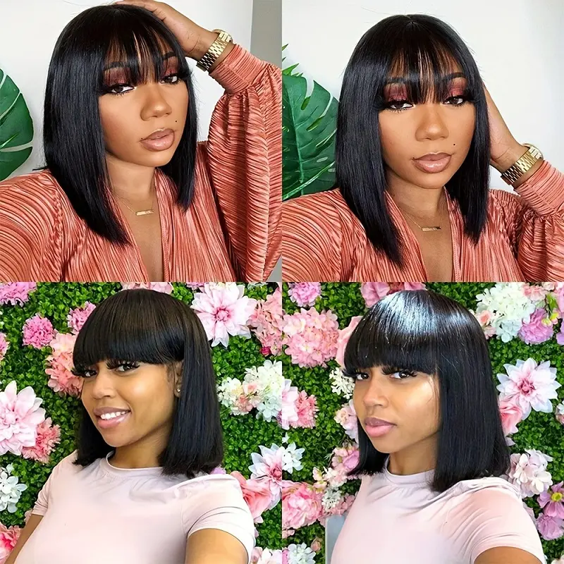 Alimice Straight Virgin Human Hair Low Price Full Machine Made BOB Wigs with Bangs for Black Women Straight Bangs Wigs