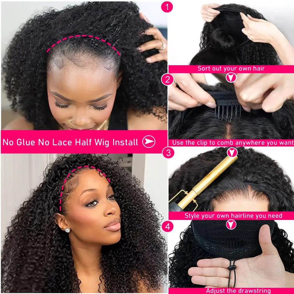 Kinky Curly Half Wig Human Hair Glueless Wig Human Hair Ready to Wear 3 IN 1 Half Wig Drawstring 250 Density Glueless Half Wig