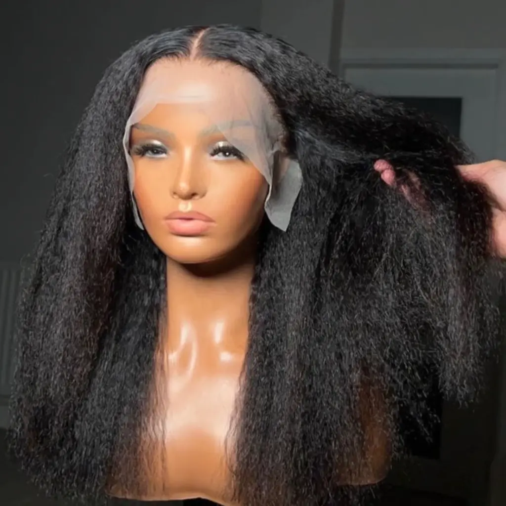 Yaki Soft 26Inch Long Glueless Natural Black Kinky Straight Lace Front Wig For Women With Baby Hair Synthetic Preplucked Daily