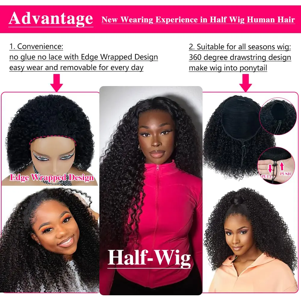 Kinky Curly Half Wig Human Hair Glueless Wig Human Hair Ready to Wear 3 IN 1 Half Wig Drawstring 250 Density Glueless Half Wig