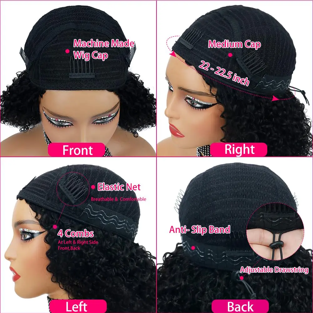 Kinky Curly Half Wig Human Hair Glueless Wig Human Hair Ready to Wear 3 IN 1 Half Wig Drawstring 250 Density Glueless Half Wig