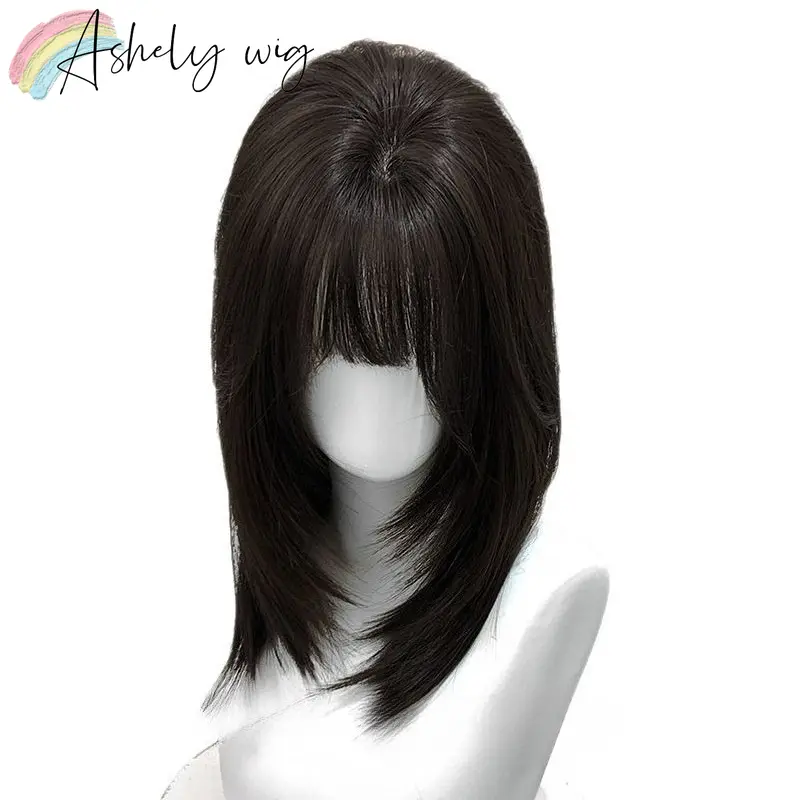 Ashely Black Wig Short Straight 16inch Hair Wig with Bangs Headband Wig High Temperature Fibers Synthetic Wigs Lolita Cosplay
