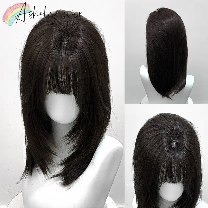 Ashely Black Wig Short Straight 16inch Hair Wig with Bangs Headband Wig High Temperature Fibers Synthetic Wigs Lolita Cosplay
