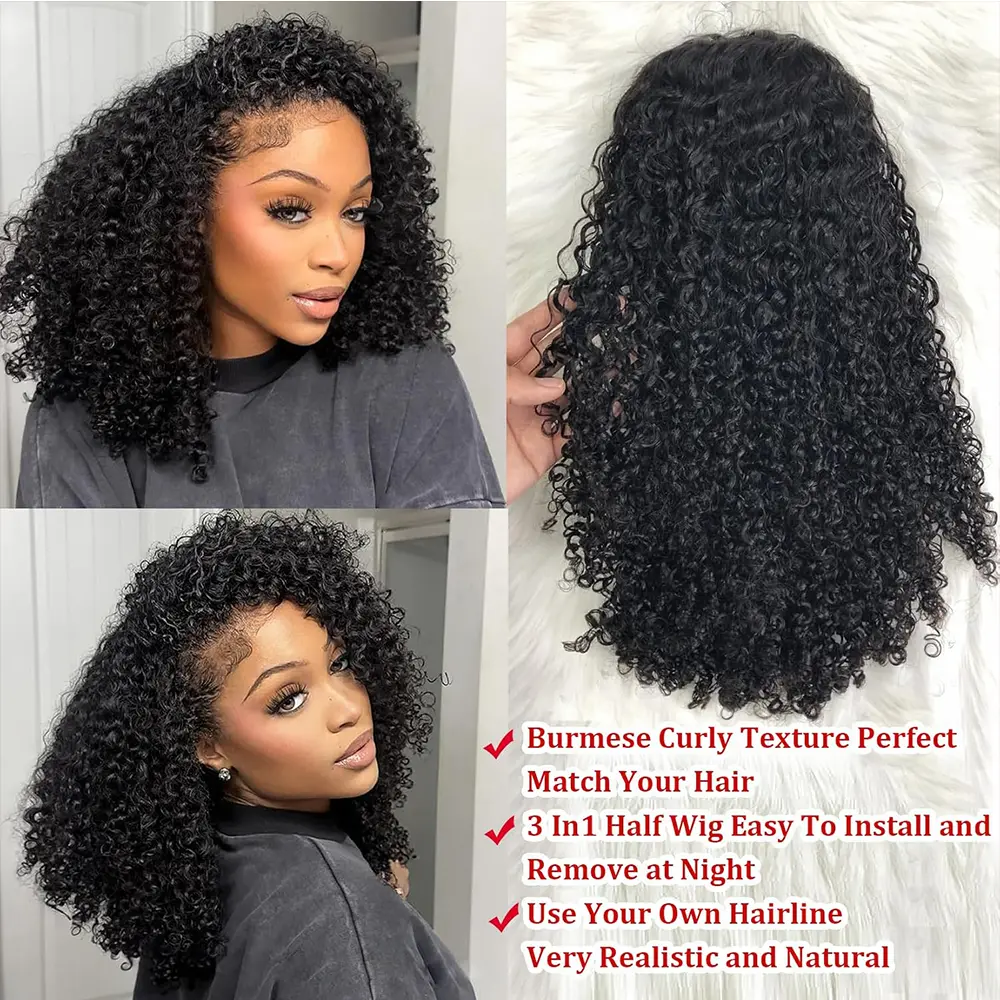 Kinky Curly Half Wig Human Hair Glueless Wig Human Hair Ready to Wear 3 IN 1 Half Wig Drawstring 250 Density Glueless Half Wig