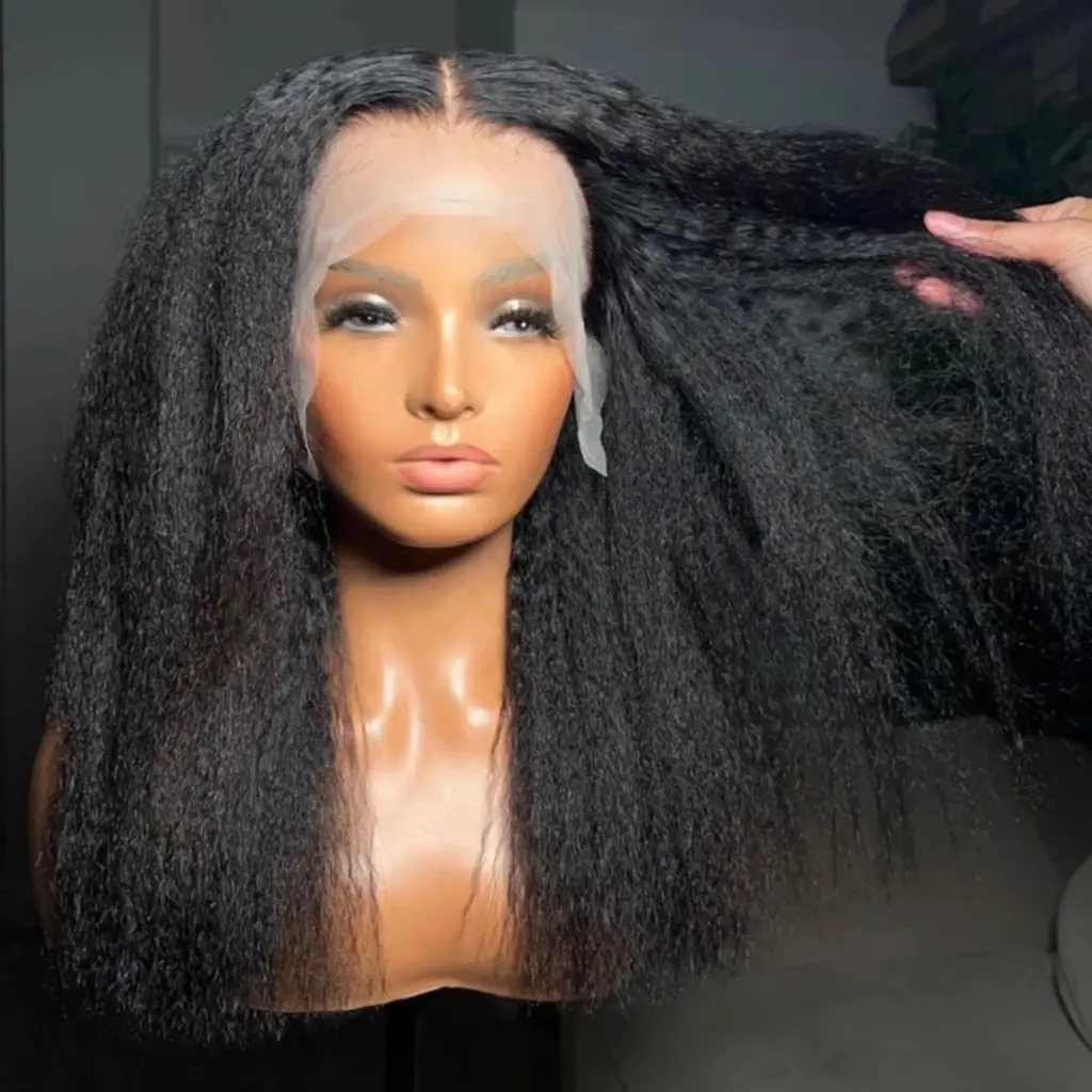 Yaki Soft 26Inch Long Glueless Natural Black Kinky Straight Lace Front Wig For Women With Baby Hair Synthetic Preplucked Daily
