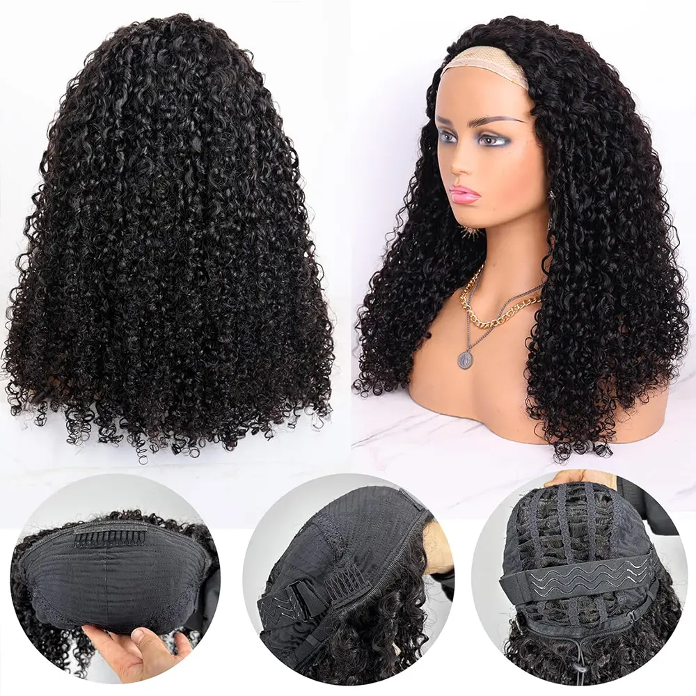 Kinky Curly Half Wig Human Hair Glueless Wig Human Hair Ready to Wear 3 IN 1 Half Wig Drawstring 250 Density Glueless Half Wig