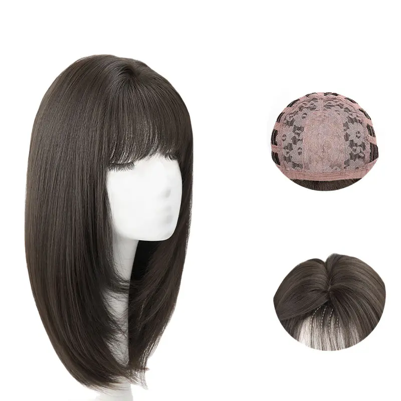Ashely Black Wig Short Straight 16inch Hair Wig with Bangs Headband Wig High Temperature Fibers Synthetic Wigs Lolita Cosplay