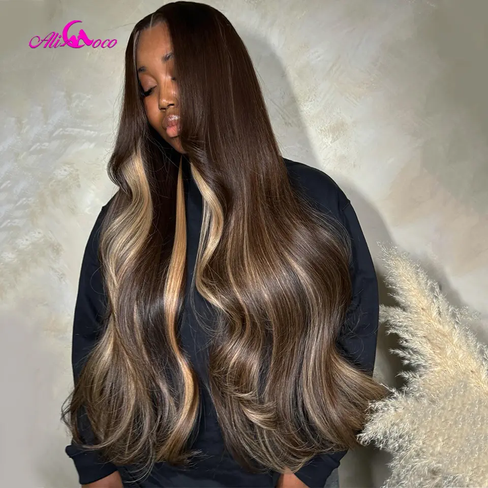 Upgrade Brown Highlights Blonde Body Wave Human Hair Wig 13x4 Transpaprent Lace Front Wigs Pre-Plucked Long Hair Wig For Woman