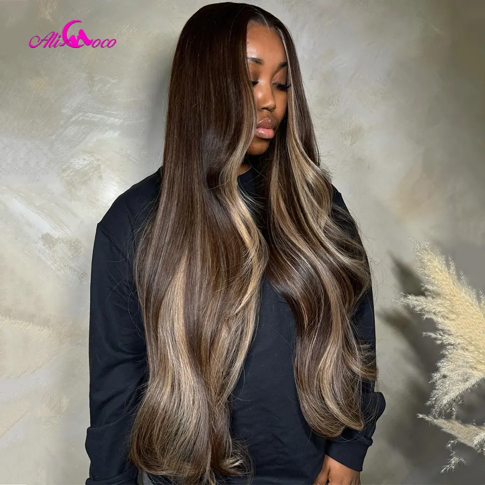 Upgrade Brown Highlights Blonde Body Wave Human Hair Wig 13x4 Transpaprent Lace Front Wigs Pre-Plucked Long Hair Wig For Woman