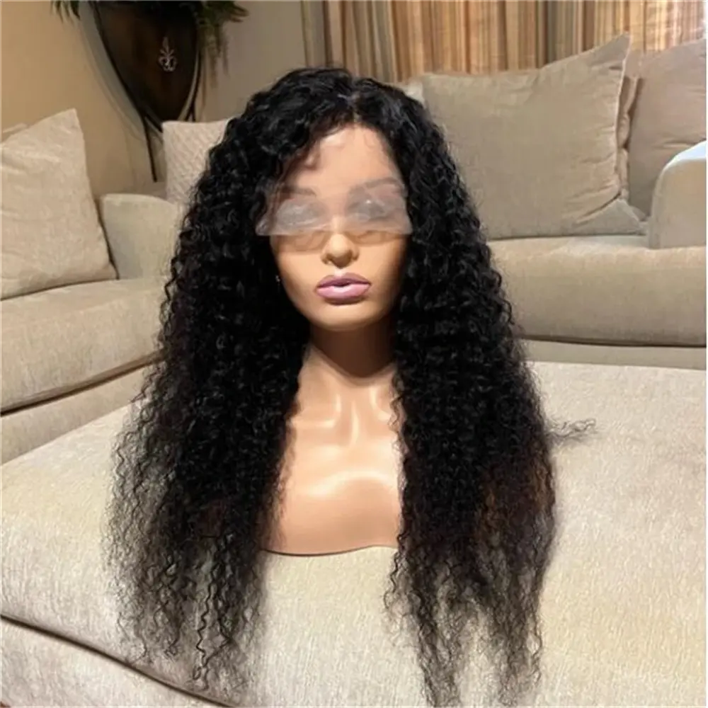 Soft 26Inch Long 180Density Glueless Natural Black Kinky Curly Deep Lace Front Wig For Women With Baby Hair Preplucked Daily