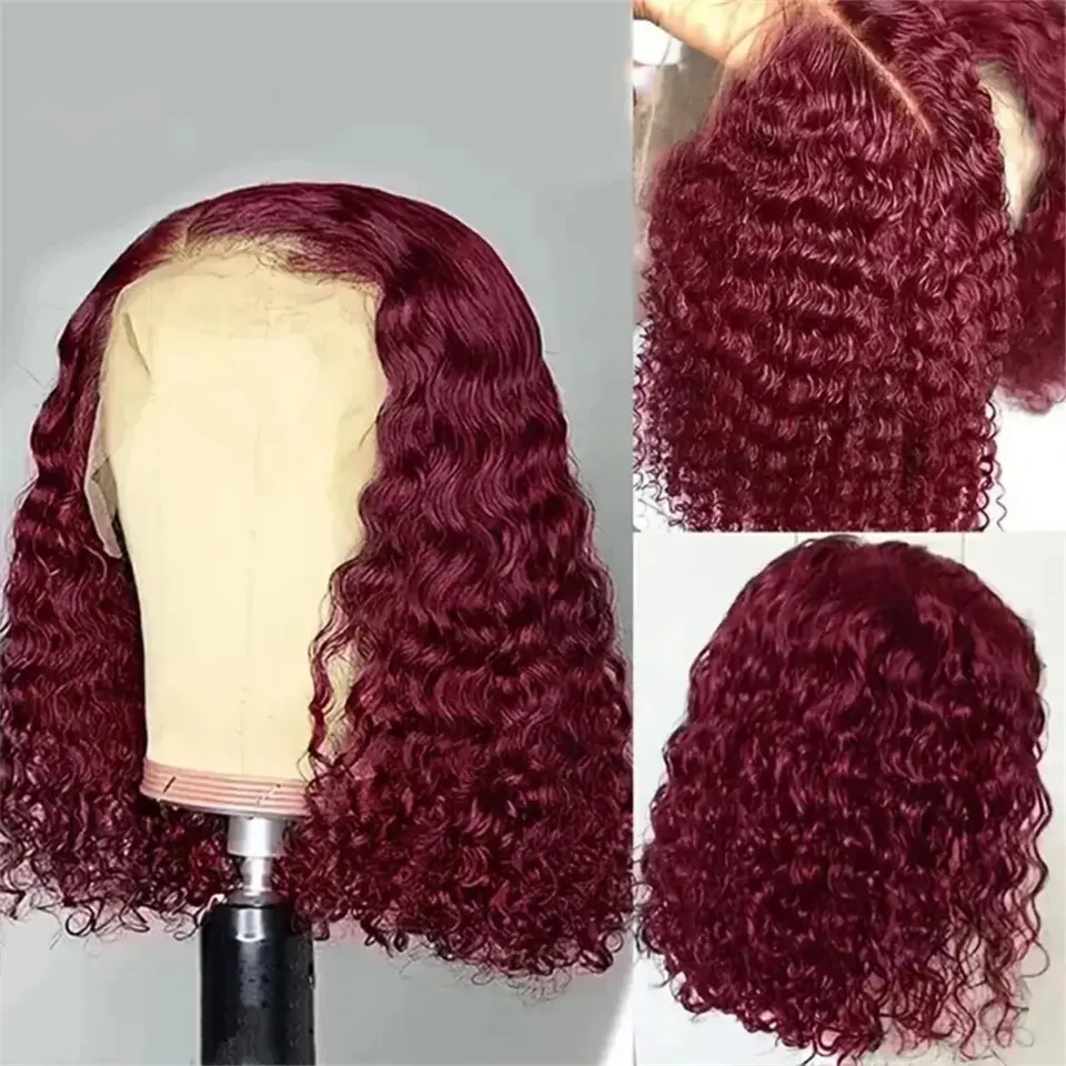 Water Wave Short Bob Cut 99J Red Burgundy Color 13X4 Lace Front Synthetic Wig For Black Women Prepluck Hairline Cosplay Daily