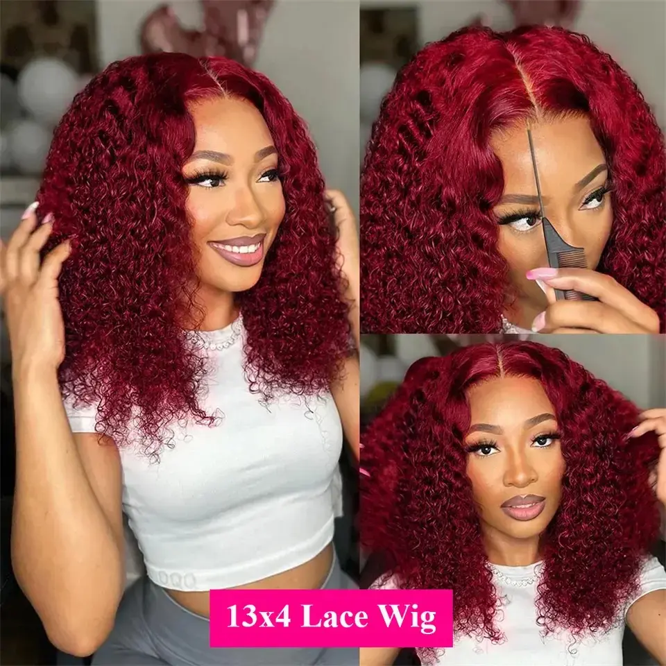 Water Wave Short Bob Cut 99J Red Burgundy Color 13X4 Lace Front Synthetic Wig For Black Women Prepluck Hairline Cosplay Daily