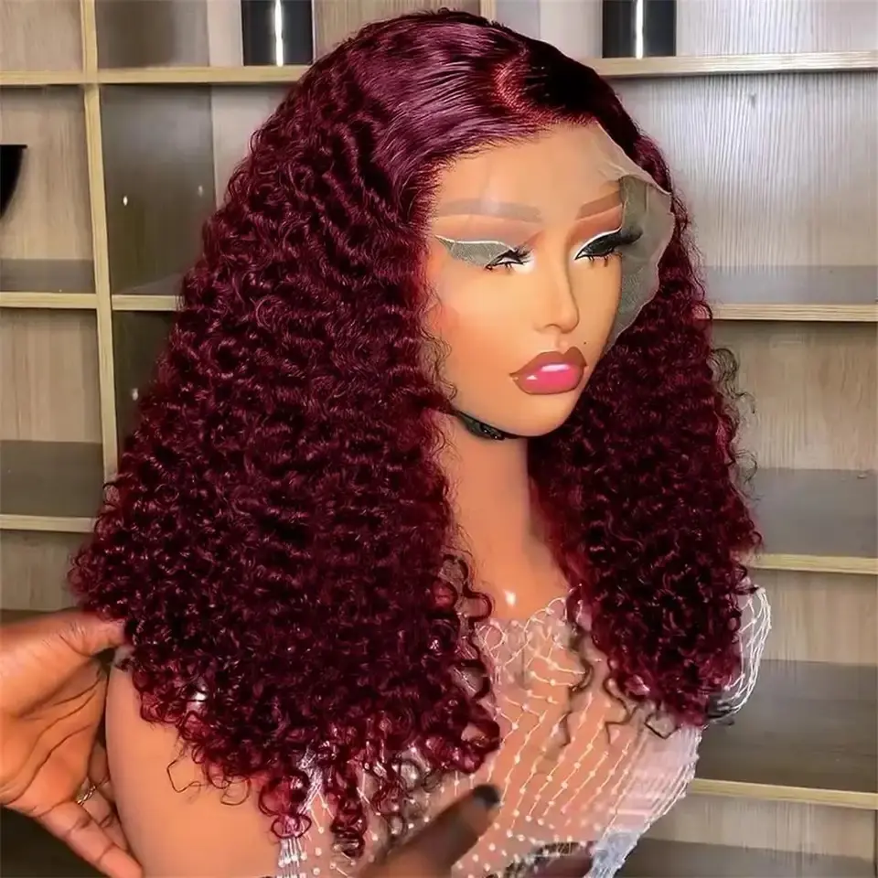 Water Wave Short Bob Cut 99J Red Burgundy Color 13X4 Lace Front Synthetic Wig For Black Women Prepluck Hairline Cosplay Daily