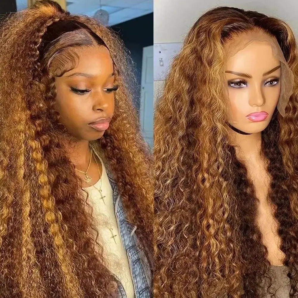 13x6 Highlight Wig Human Hair Deep Wave 40 Inch HD Lace Front Human Hair Wig 200 Density 4/27 Ombre Brown Blonde Lace Front Wigs