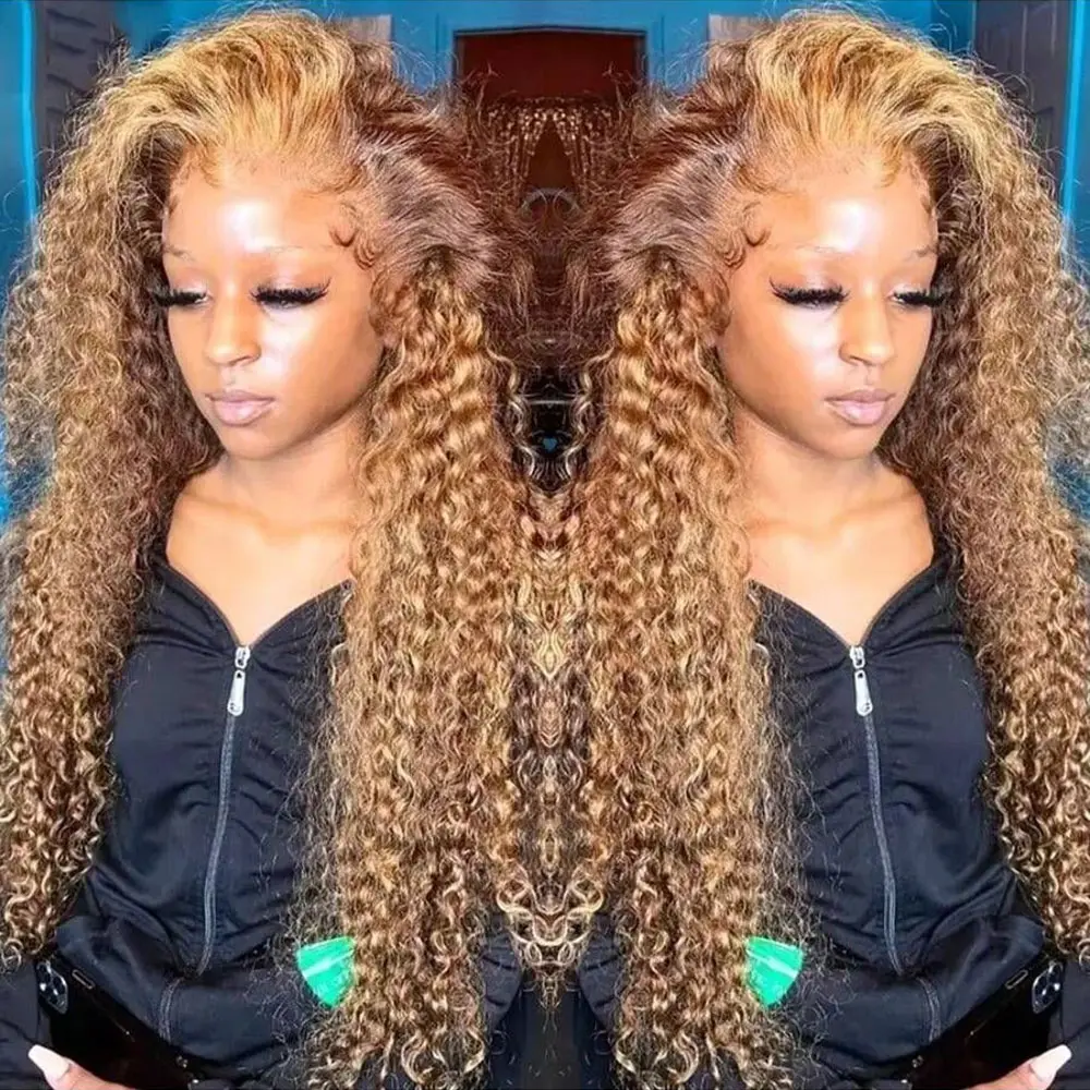 13x6 Highlight Wig Human Hair Deep Wave 40 Inch HD Lace Front Human Hair Wig 200 Density 4/27 Ombre Brown Blonde Lace Front Wigs