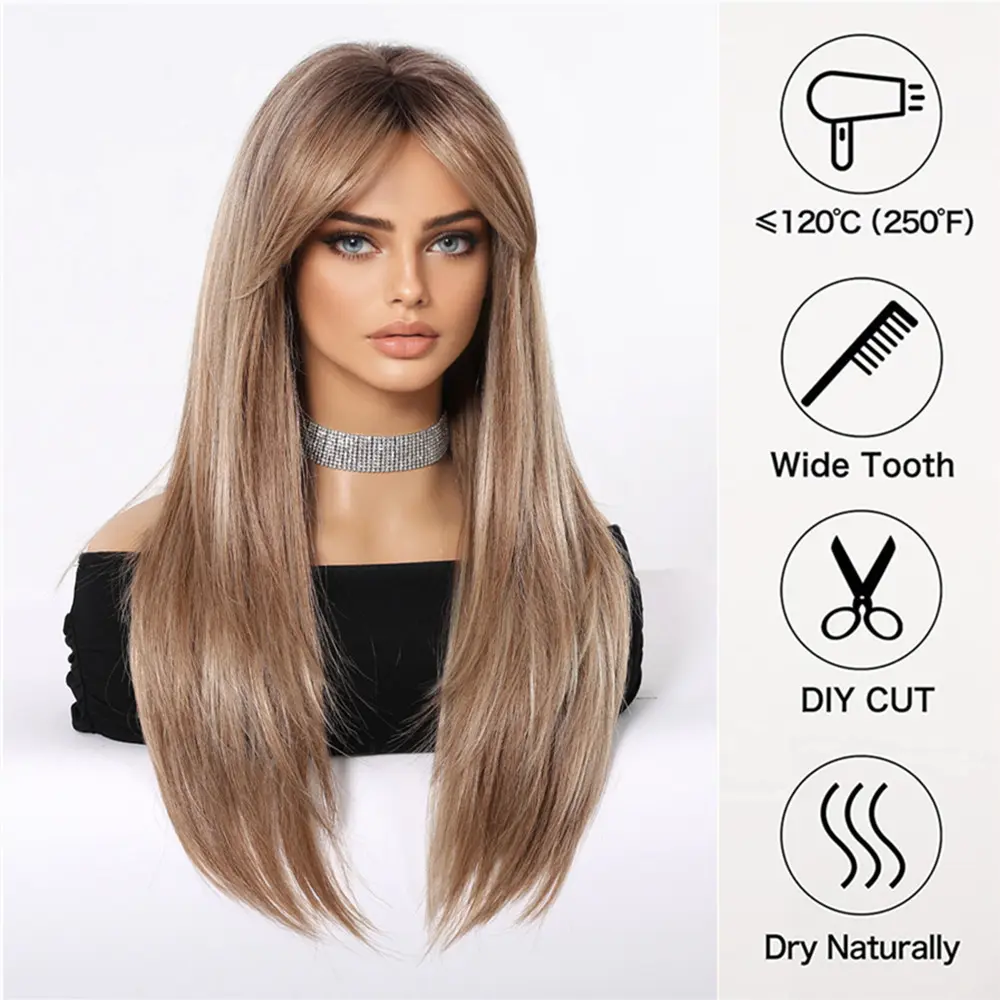 ALAN EATON Chestnut Brown Synthetic Wig with Bangs Long Straight Wig Natural Layered Hair Smooth Soft Daily Wig Heat Resistant
