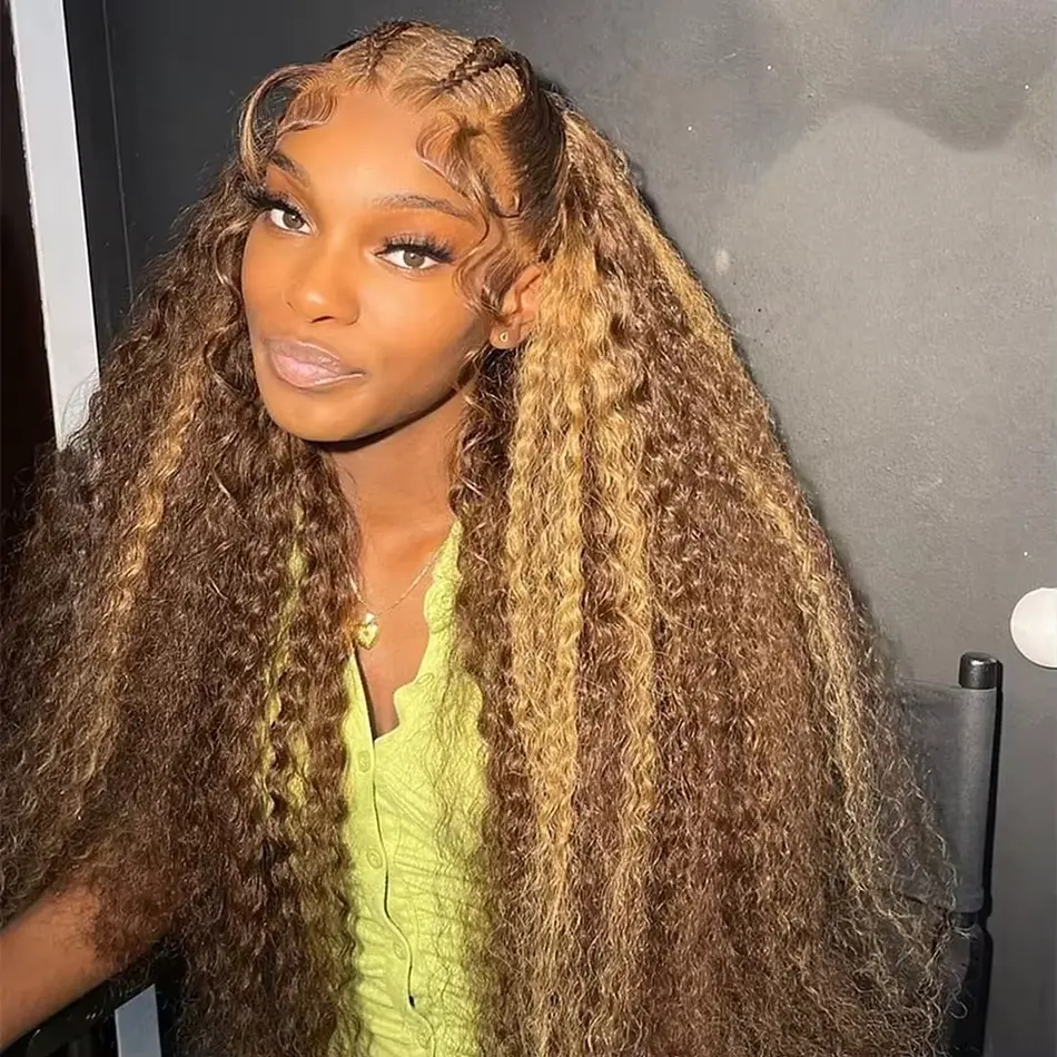 13x6 Highlight Wig Human Hair Deep Wave 40 Inch HD Lace Front Human Hair Wig 200 Density 4/27 Ombre Brown Blonde Lace Front Wigs
