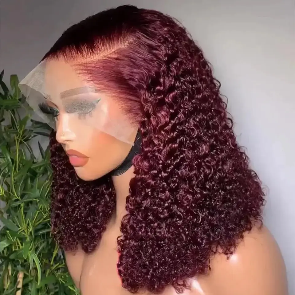 99J Red Burgundy Color Short Bob Cut Kinky Curly Synthetic 13X4 Lace Front Synthetic Wig For Women Preplucked With Baby Hair